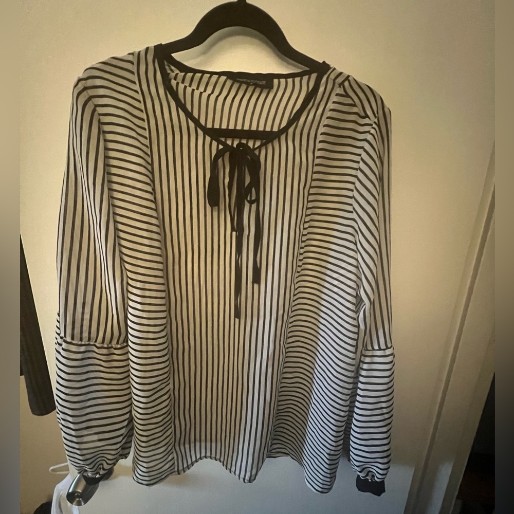 Fashion to figure striped blouse with tie neck